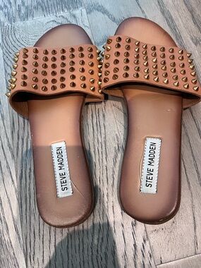 Steve Madden Brown Slide Sandals with Gold Studs